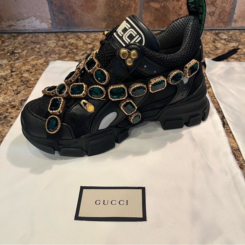 GUCCI Women's Flashtrek Crystals Black Emerald Sneakers - Picture 4 of 13